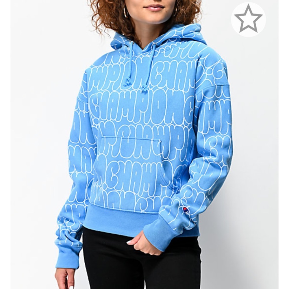champion reverse weave bubble script blue hoodie